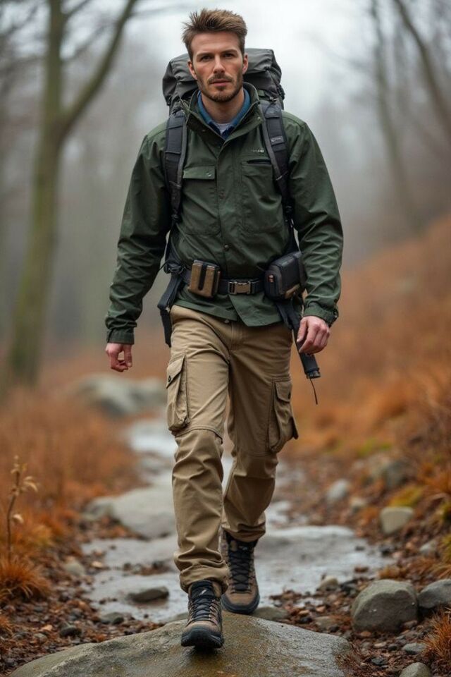 мужчина в одежде спокойных природных оттенков на природе